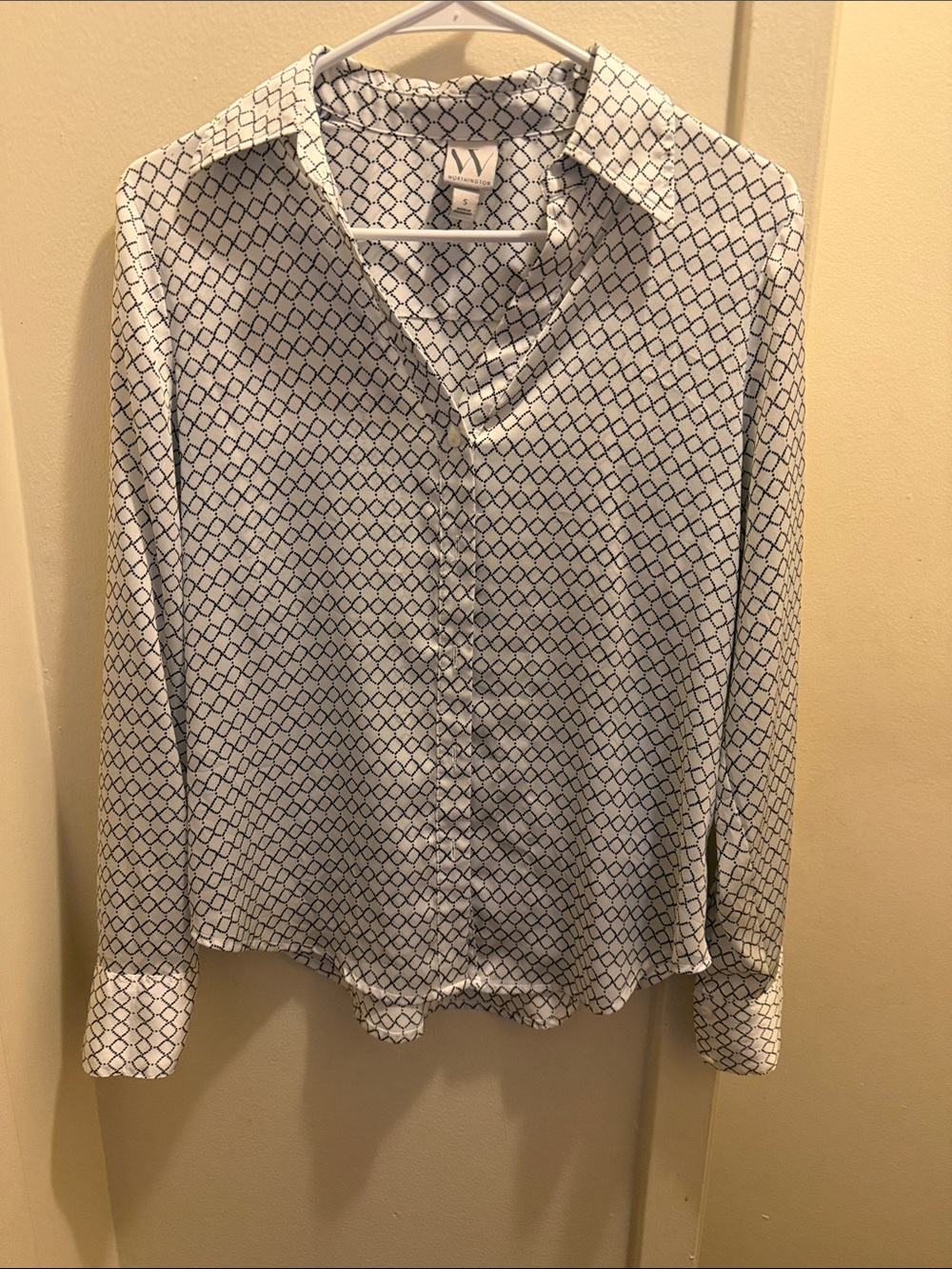 Worthington White Button-Down Shirt with Navy Diamond Print